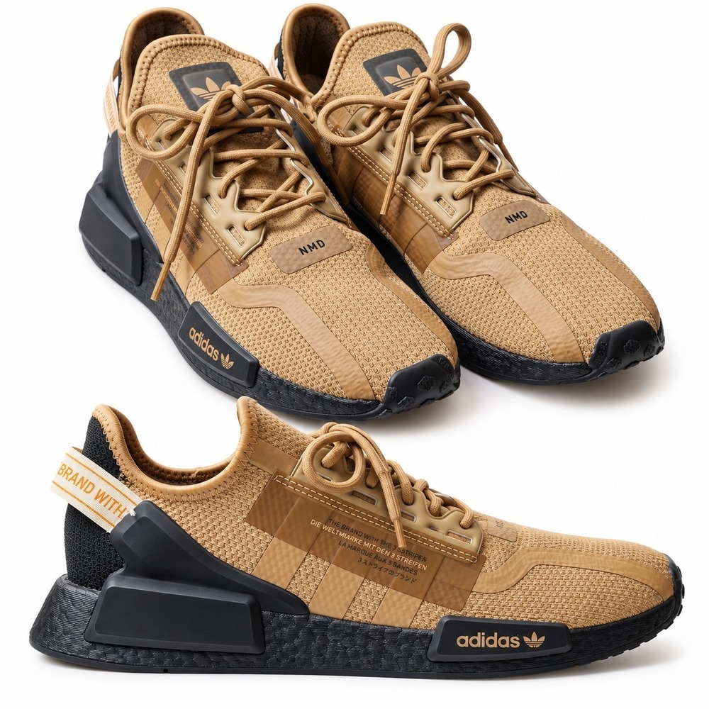 ADIDAS NMD_R1 V2 Sneaker Mens Sz 9.5 Cardboard Brown Mesh German Text Logo Strap